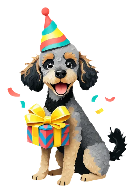 Eddie mit Partyhut und einem Geschenk