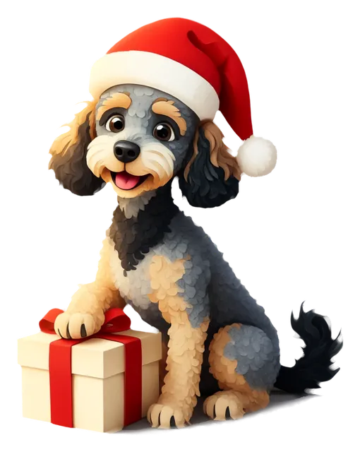 Eddie mit Weihnachtsmütze neben einem Geschenk