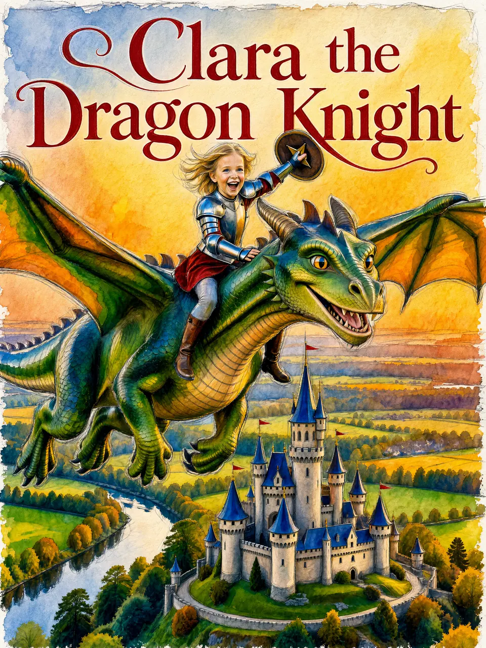 Cover of “Clara the Dragon Knight”: Clara in armour flies on a green dragon over a castle, in watercolour and ink.