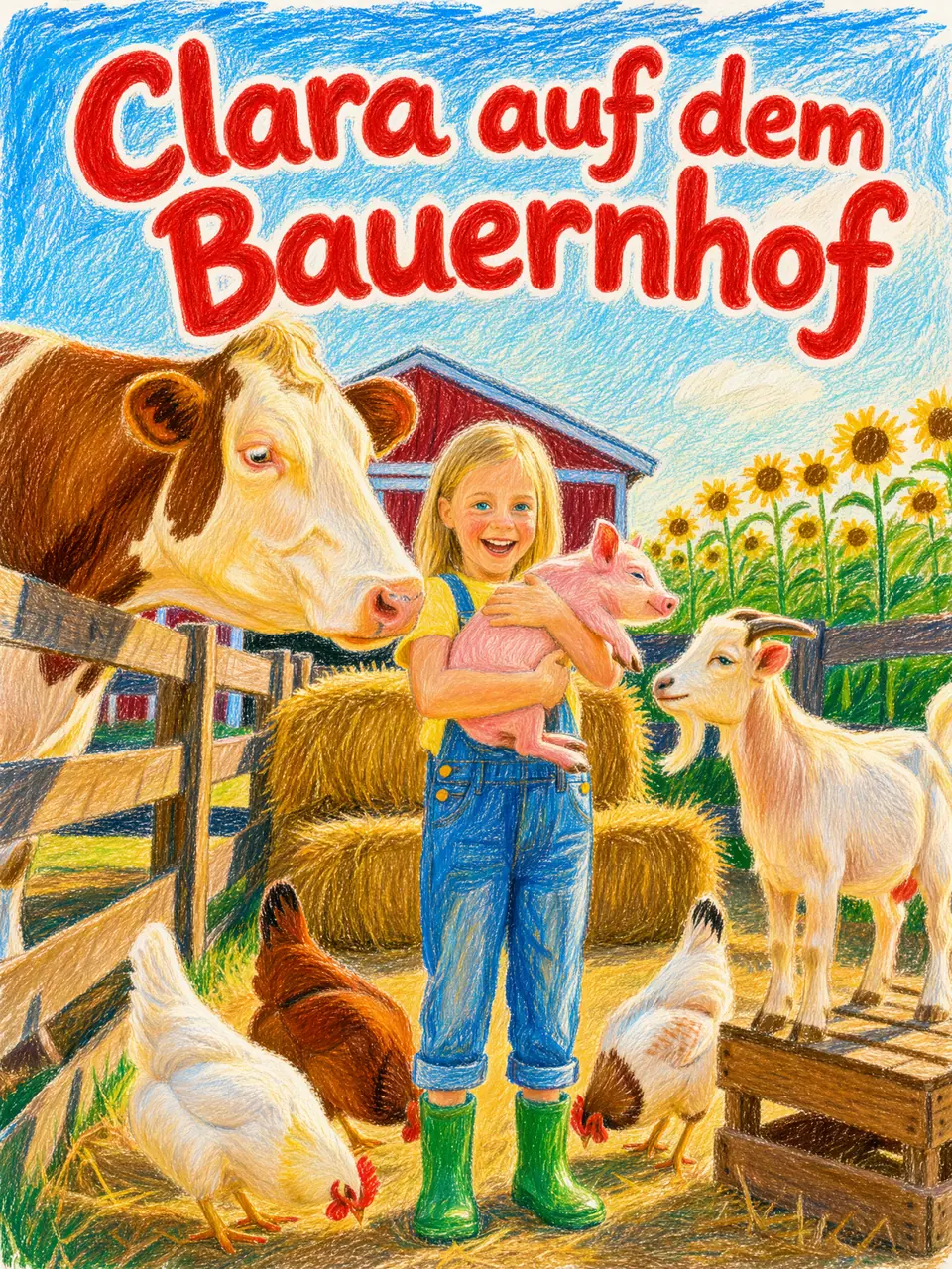 Cover von „Clara auf dem Bauernhof“: Clara hält ein Ferkel im Arm, um sie herum Kuh, Ziege und Hühner, in Wachsmalkreide.