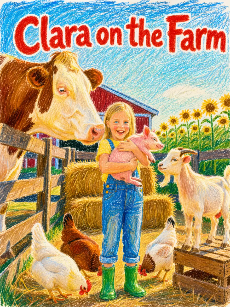 Cover of “Clara on the Farm”: Clara holds a piglet, surrounded by a cow, a goat and hens, in wax crayon.