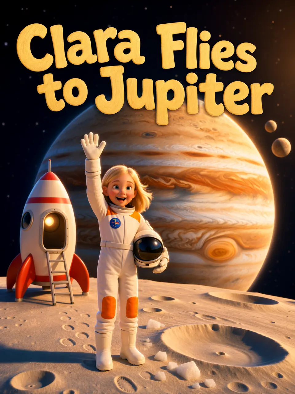 Cover of “Clara Flies to Jupiter”: Clara in a spacesuit waves on a moon beside her rocket, with Jupiter behind her.