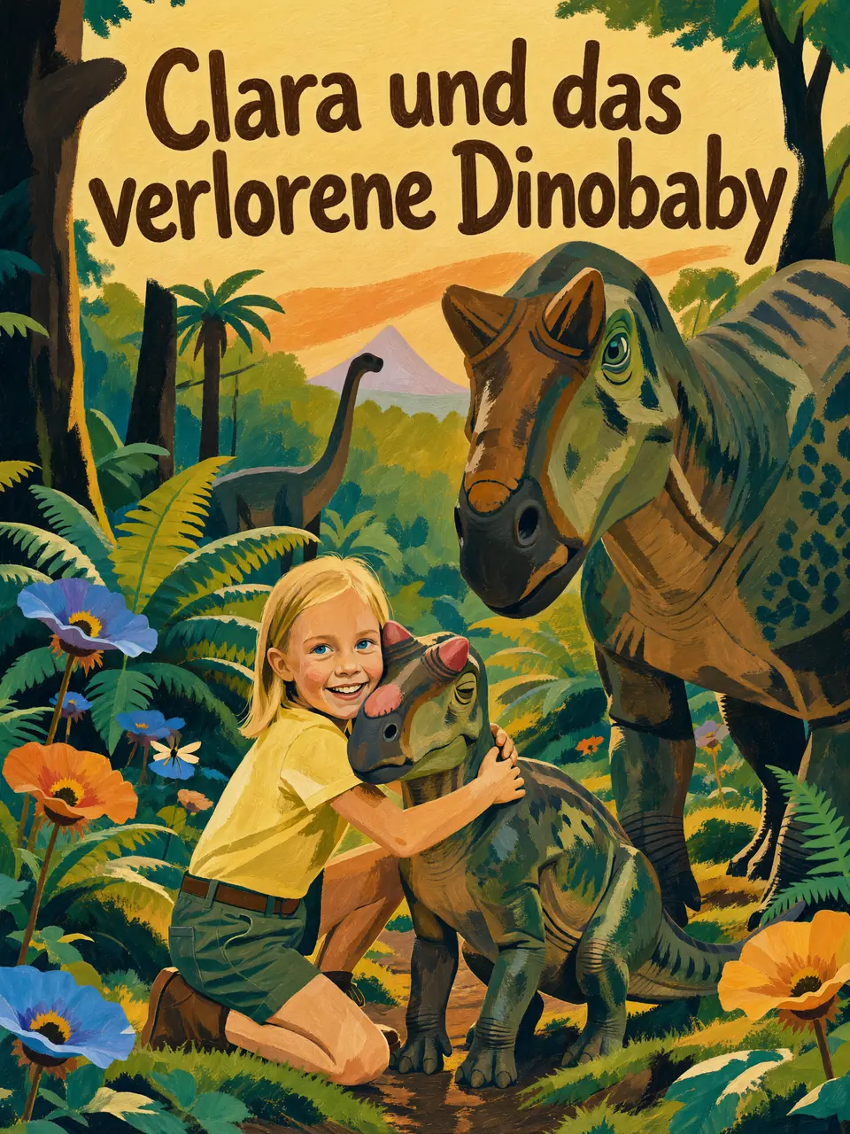 Cover von „Clara und das verlorene Dinobaby“: Clara umarmt ein Dinosaurierbaby im Urwald, gemalt in Gouache.