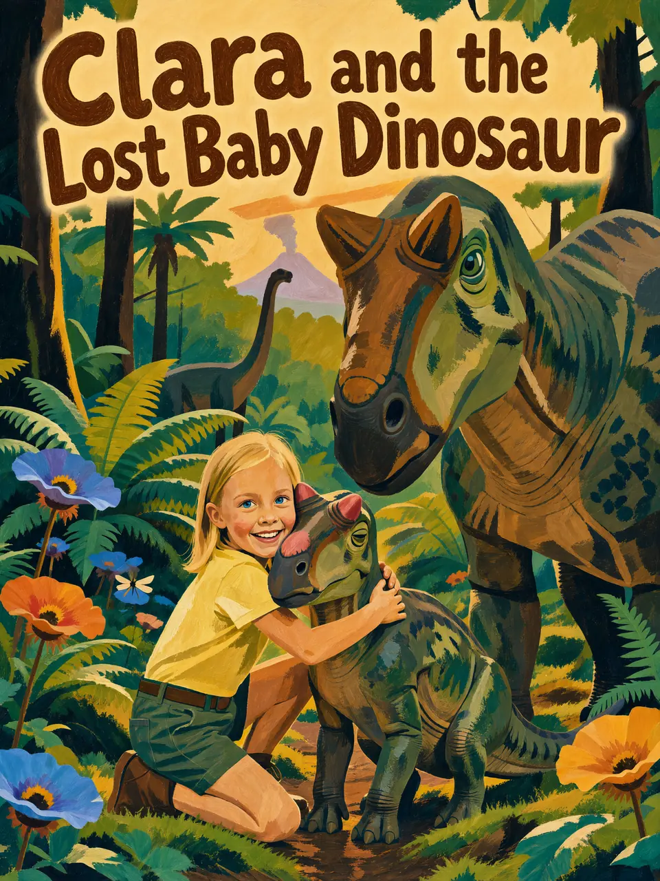 Cover of “Clara and the Lost Baby Dinosaur”: Clara hugs a baby dinosaur in a prehistoric forest, painted in gouache.