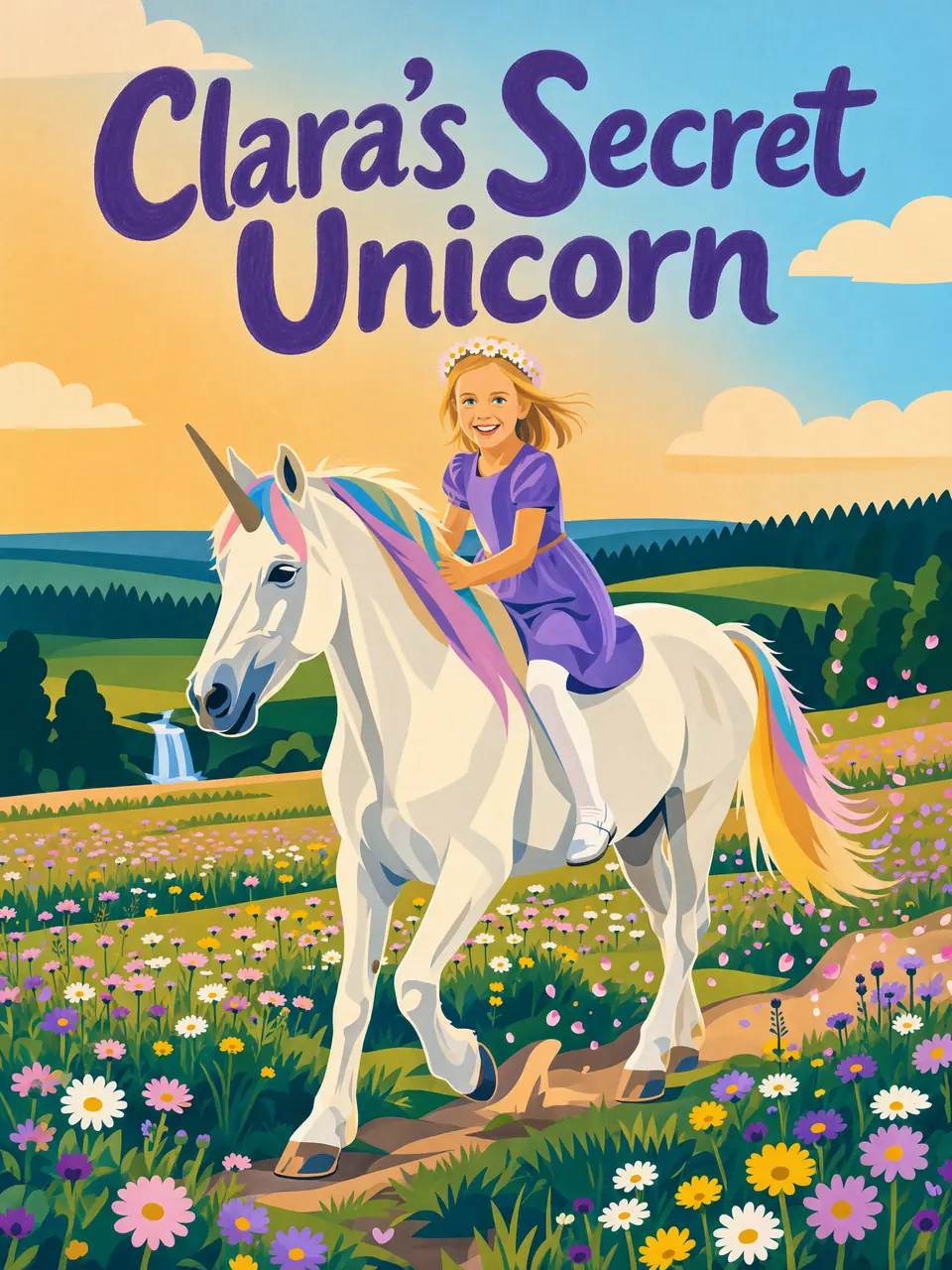 Cover of “Clara's Secret Unicorn”: Clara rides a white unicorn across a flower meadow under a rainbow.