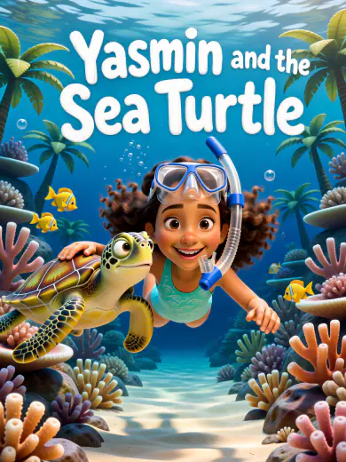 Cover of “Yasmin and the Sea Turtle”: Yasmin swims with a sea turtle over a coral reef, in 3D animation.
