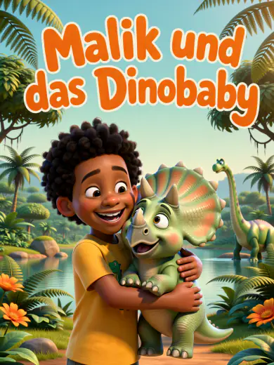 Cover von „Malik und das Dinobaby“: Malik umarmt ein Triceratops-Baby im Urwald, in 3D-Animation.