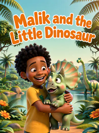 Cover of “Malik and the Little Dinosaur”: Malik hugs a baby triceratops in a prehistoric jungle, in 3D animation.