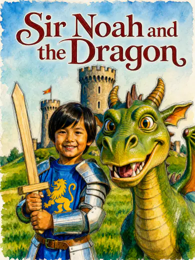 Cover of “Sir Noah and the Dragon”: Noah in armour with a wooden sword beside a green dragon before a castle, in watercolour.