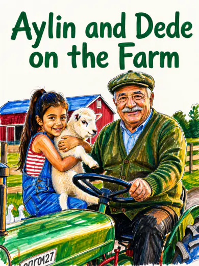 Cover of “Aylin and Dede on the Farm”: Aylin holds a lamb while Dede drives a tractor, in felt-tip marker.
