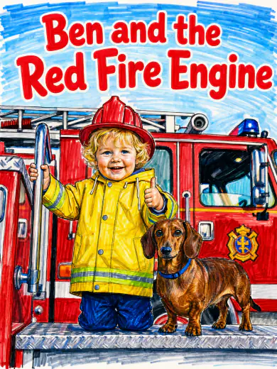 Cover of “Ben and the Red Fire Engine”: Ben in a fire helmet and his dachshund on the running board, in felt-tip marker.