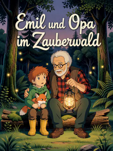 Cover von „Emil und Opa im Zauberwald“: Emil mit einem Fuchs auf dem Schoß neben Opa mit Laterne im Abendwald, in Zeichentrick.