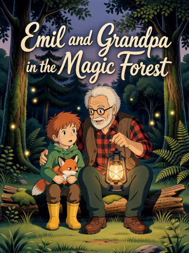 Cover of “Emil and Grandpa in the Magic Forest”: Emil with a fox cub beside Grandpa and his lantern in the evening forest, in hand-drawn animation.