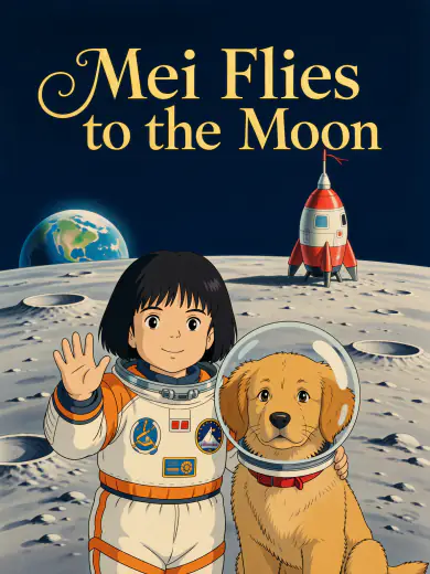 Cover of “Mei Flies to the Moon”: Mei in a spacesuit waves beside her puppy on the moon, in hand-drawn animation.