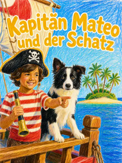 Cover von „Kapitän Mateo und der Schatz“: Mateo mit Piratenhut und Fernrohr neben seinem Hund an Deck, in Wachsmalkreide.