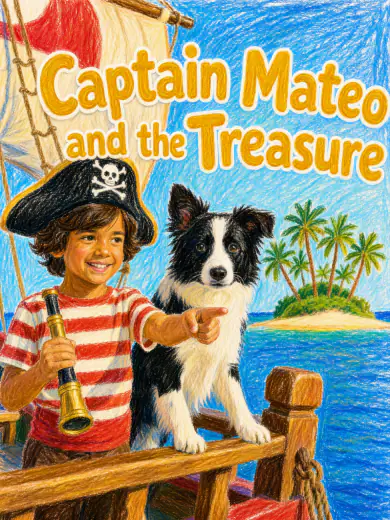 Cover of “Captain Mateo and the Treasure”: Mateo in a pirate hat with a telescope beside his dog on deck, in wax crayon.