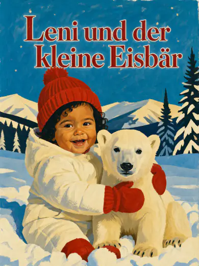 Cover von „Leni und der kleine Eisbär“: Leni mit roter Mütze umarmt ein Eisbärjunges im Schnee, in Gouache.
