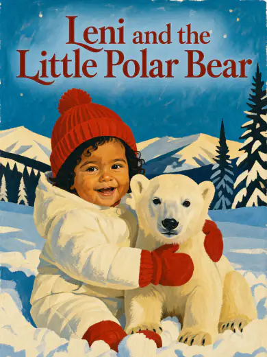 Cover of “Leni and the Little Polar Bear”: Leni in a red hat hugs a polar bear cub in the snow, in gouache.
