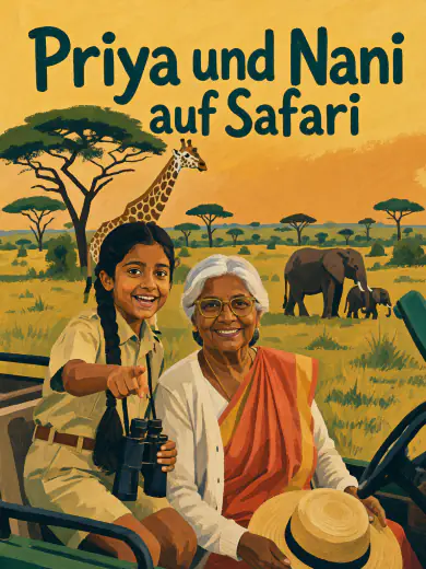 Cover von „Priya und Nani auf Safari“: Priya und ihre Großmutter im Jeep, hinter ihnen Giraffe und Elefanten, in Gouache.