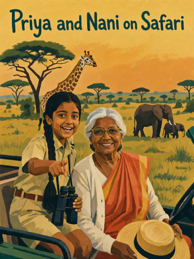 Cover of “Priya and Nani on Safari”: Priya and her grandmother in a jeep, a giraffe and elephants behind them, in gouache.