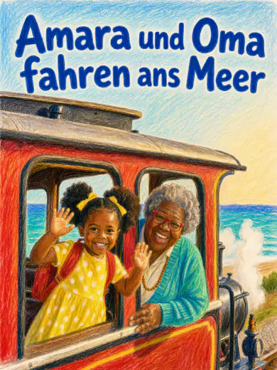 Cover von „Amara und Oma fahren ans Meer“: Amara und Oma winken aus dem Fenster einer Dampflok, in Wachsmalkreide.