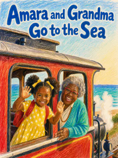 Cover of “Amara and Grandma Go to the Sea”: Amara and Grandma wave from a steam train window, in wax crayon.