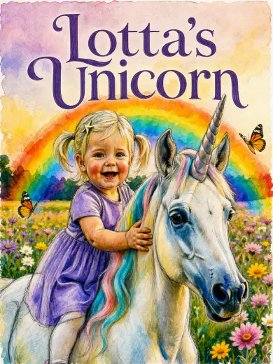 Cover of “Lotta's Unicorn”: Lotta rides a white unicorn across a flower meadow under a rainbow, in watercolour.